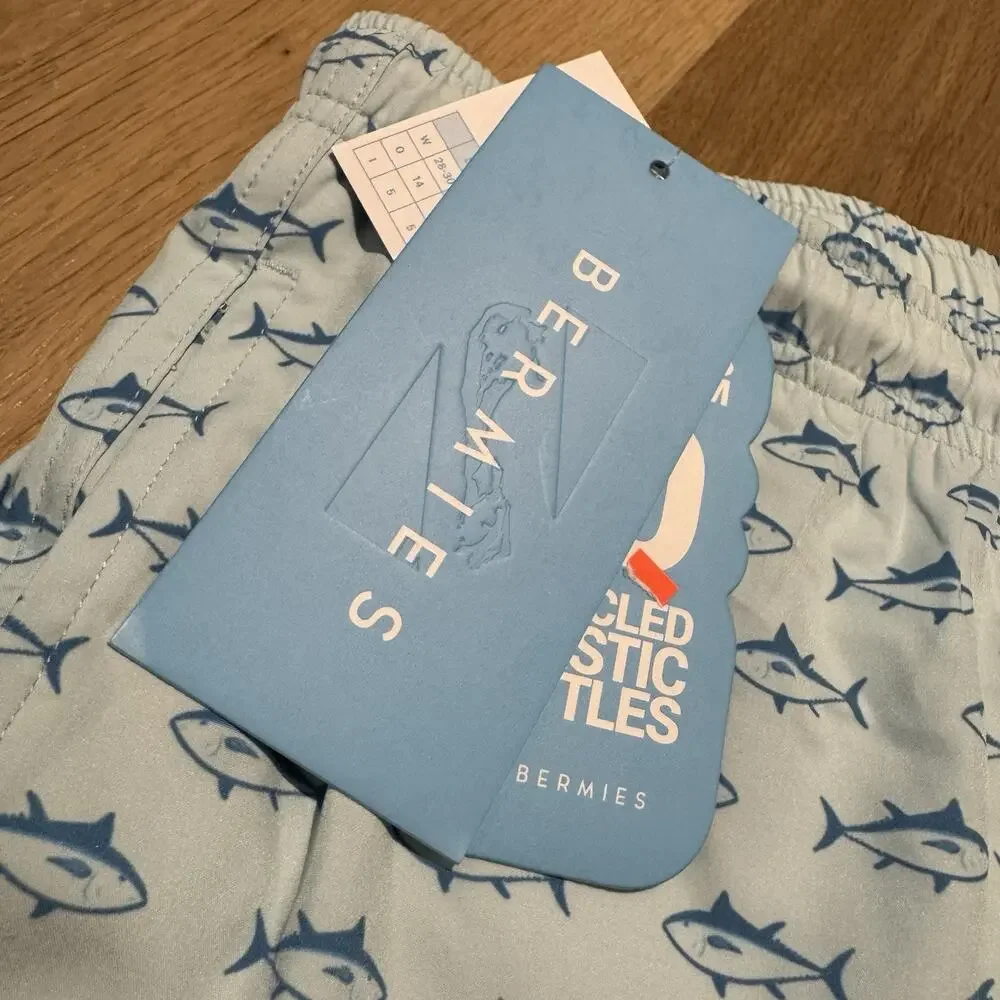 Bermies Swim Trunks XXL Blue Tuna Print Drawstring ~ NWT